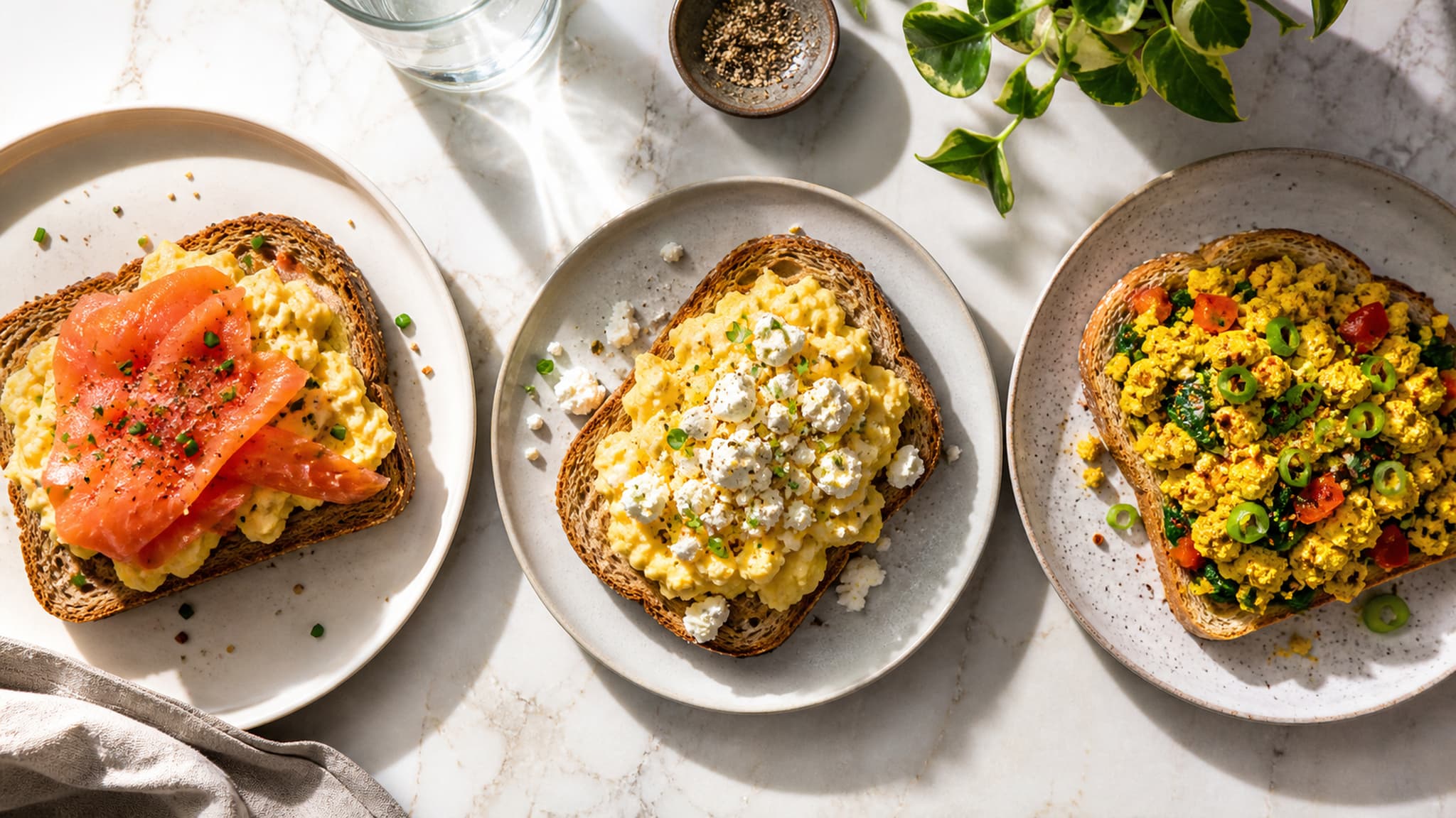 Eggs on toast breakfast variations including scrambled eggs with vegetables