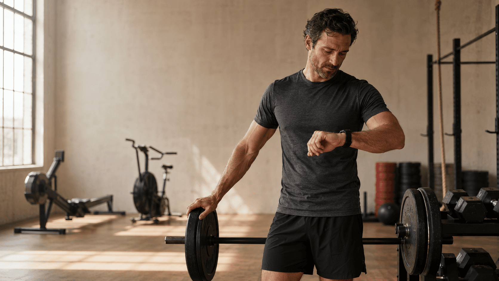 A man checking his watch mid session in a gym next to a loaded barbell, with a rower and assault bike in the background — the everyday image behind the question this article answers: how much cardio do you really need based on your specific goal