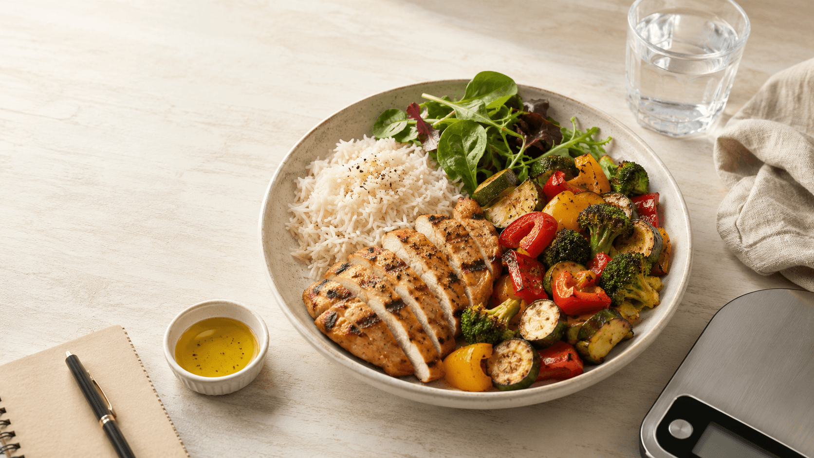 A balanced fat loss meal in a bowl: grilled sliced chicken breast with basmati rice, roasted vegetables and salad, served beside a food scale, notebook, and a small bowl of olive oil