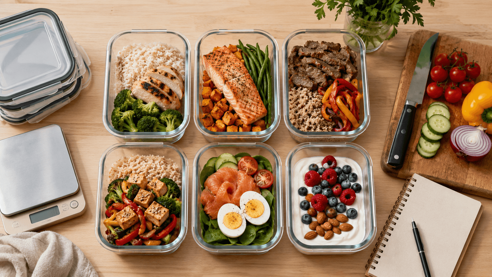 A meal prep spread of glass containers showing balanced fat loss meals: chicken with rice and broccoli, salmon with sweet potato and green beans, lean beef with quinoa and peppers, tofu stir fry, salmon and egg salad, and Greek yoghurt with berries and almonds, alongside a digital food scale and chopping board
