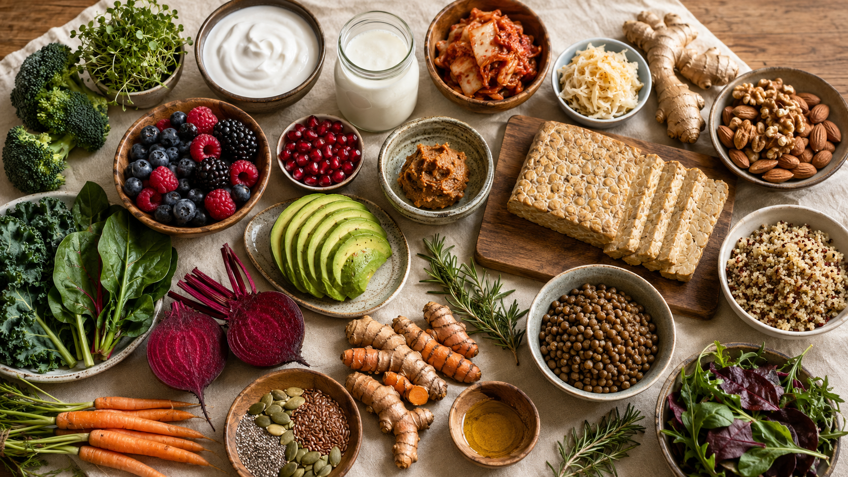An overhead spread of gut-friendly, anti-inflammatory foods on a linen cloth — broccoli, kale, beetroot, carrots, micro greens, avocado, mixed berries and pomegranate seeds, walnuts and almonds, lentils and quinoa, fresh turmeric and ginger root, rosemary, olive oil, miso, natural yoghurt, kefir, kimchi and sourdough crackers — illustrating the 30-plants-per-week diversity and daily fermented foods that feed a healthy gut microbiome and keep systemic inflammation in check