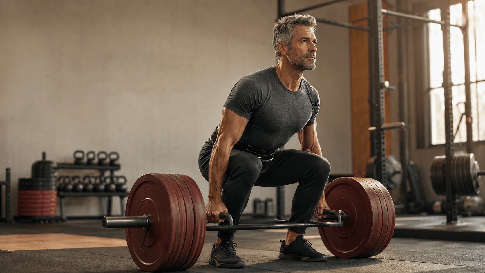 A lean, athletic man in his prime at the bottom of a heavily loaded barbell deadlift in a gritty industrial gym, embodying the central message that resistance training is the most powerful evidence-based intervention for slowing biological ageing