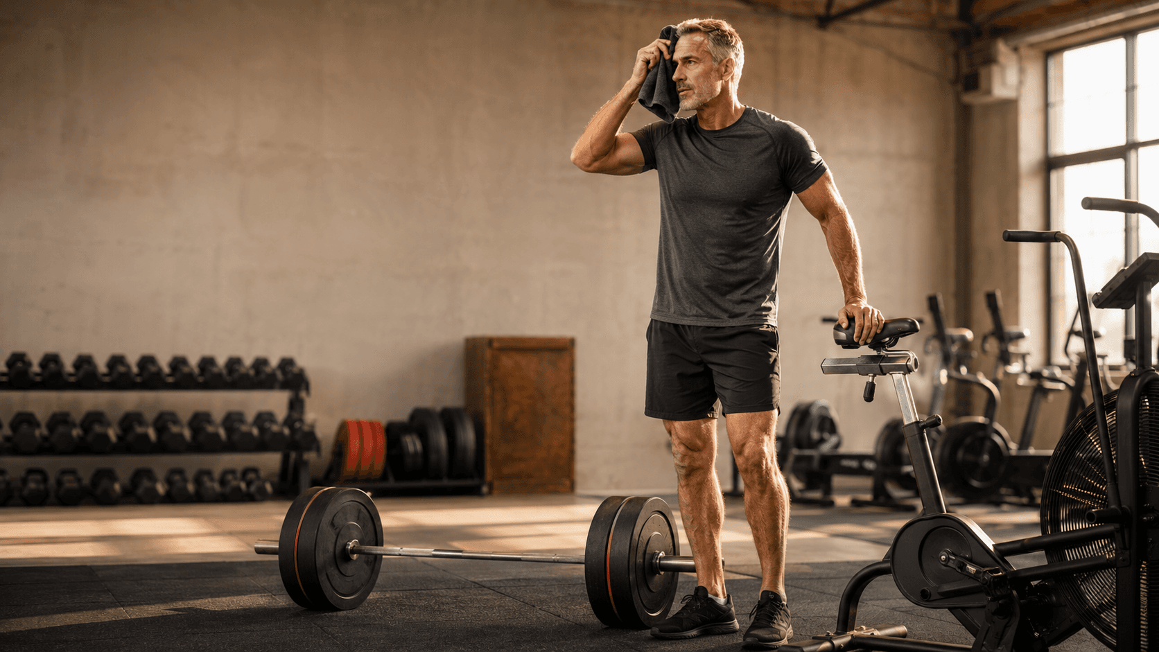 A lean, silver-haired man in his late 40s or 50s standing next to a loaded barbell beside an air bike in a sunlit industrial gym, illustrating the combined resistance training and aerobic conditioning week that delivers the best coverage across every measurable marker of biological ageing