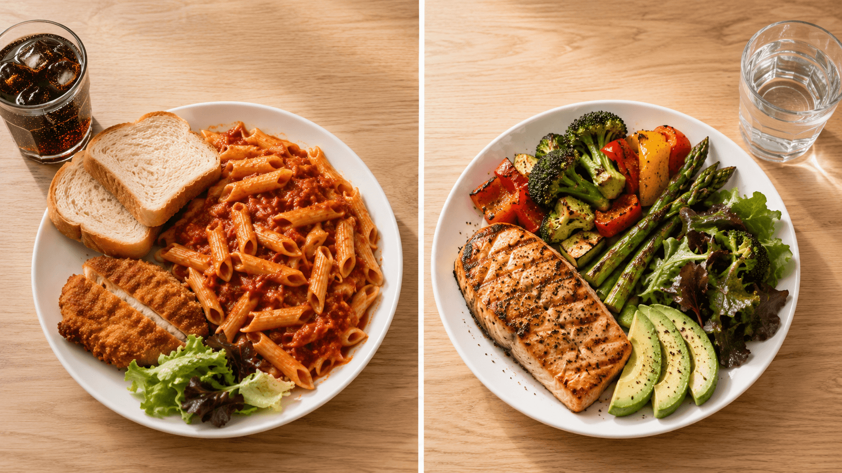 A side-by-side plate comparison: on the left, a typical high-carb meal of breaded chicken, white pasta with tomato sauce, white bread, and a sugary cola; on the right, a kickstart phase plate of grilled salmon, roasted vegetables, asparagus, leafy salad, and sliced avocado with a glass of water