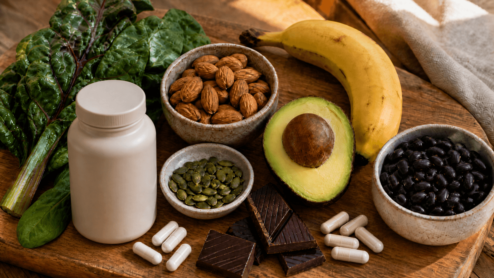 A flat lay of magnesium-rich foods including dark leafy greens, almonds, pumpkin seeds, dark chocolate, avocado, and bananas alongside magnesium supplement capsules