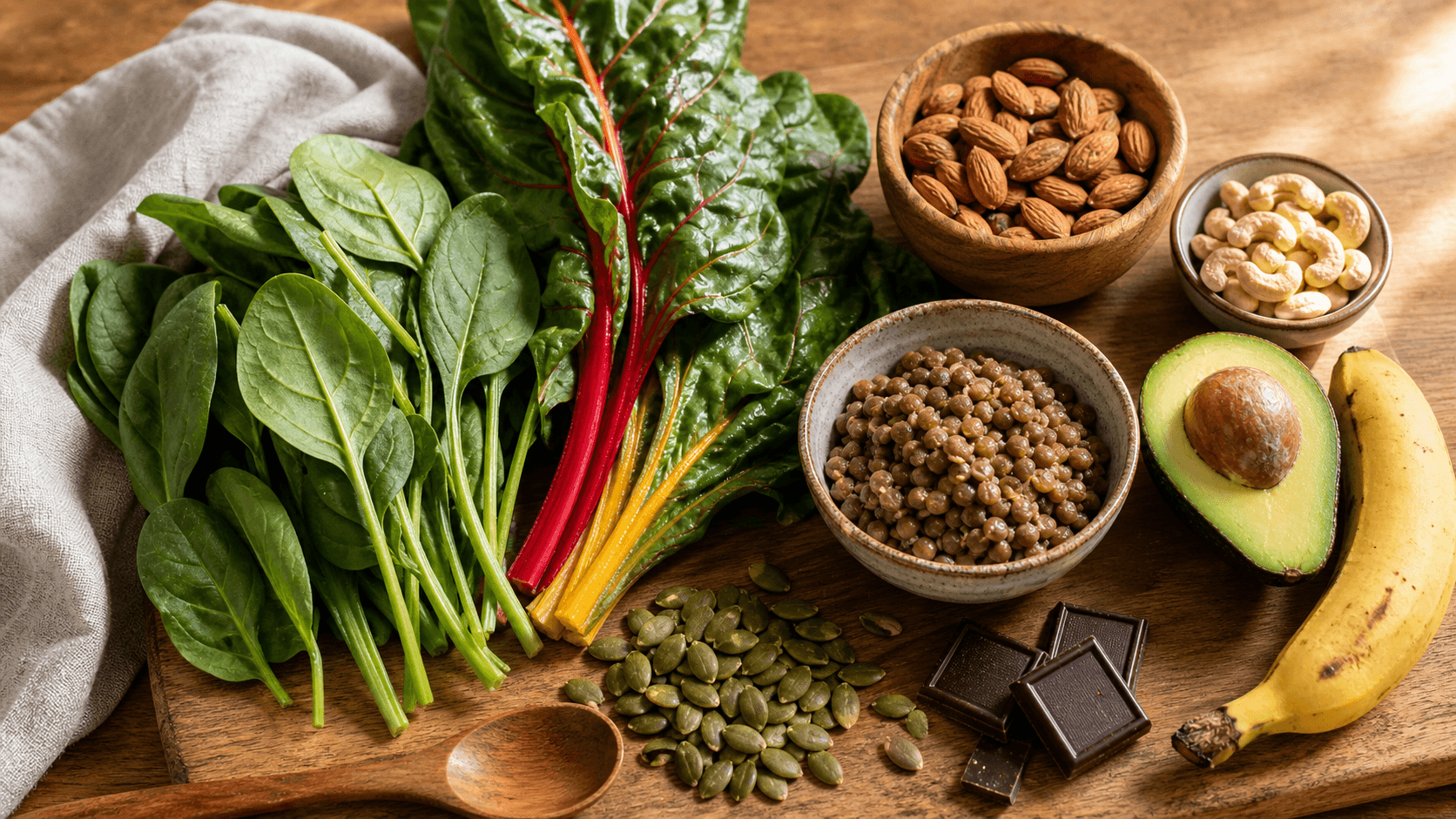 A selection of magnesium-rich whole foods including dark leafy greens, nuts, seeds, and legumes arranged on a wooden surface