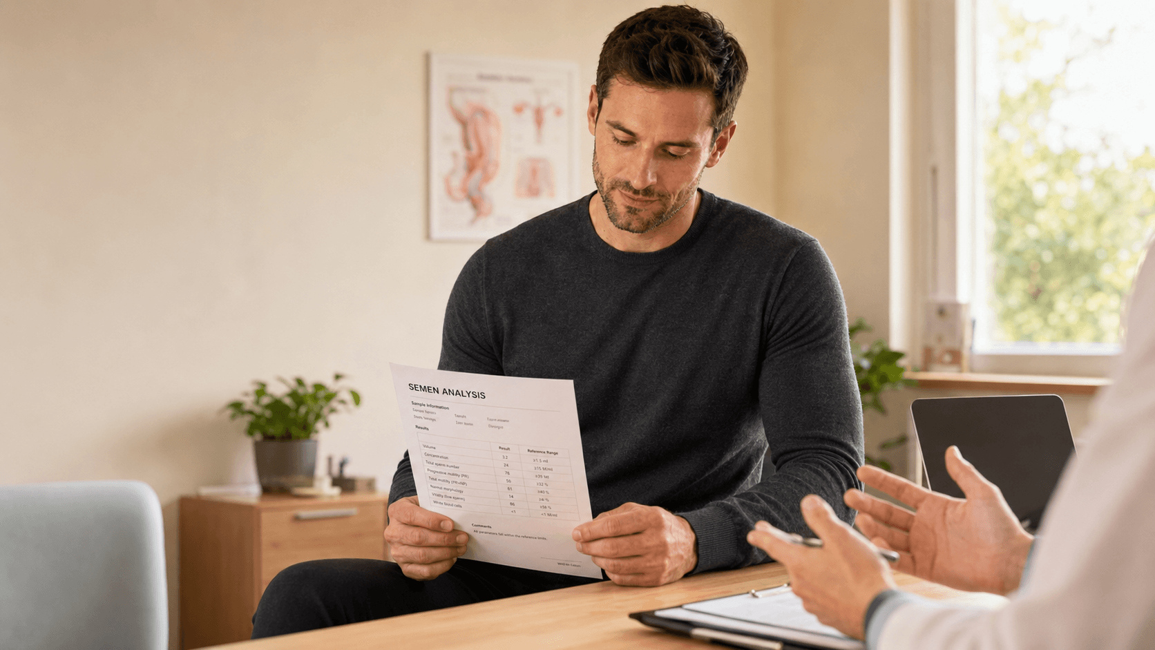 A man past 30 sitting calmly in a clinical consulting room reading through a printed semen analysis report, an anatomy poster of the male reproductive system on the wall behind him and a clinician's hand gesturing across the desk — capturing the practical step of getting a baseline semen analysis (count, motility, morphology) so lifestyle changes can be measured against it after the 10-to-12-week spermatogenesis cycle has completed