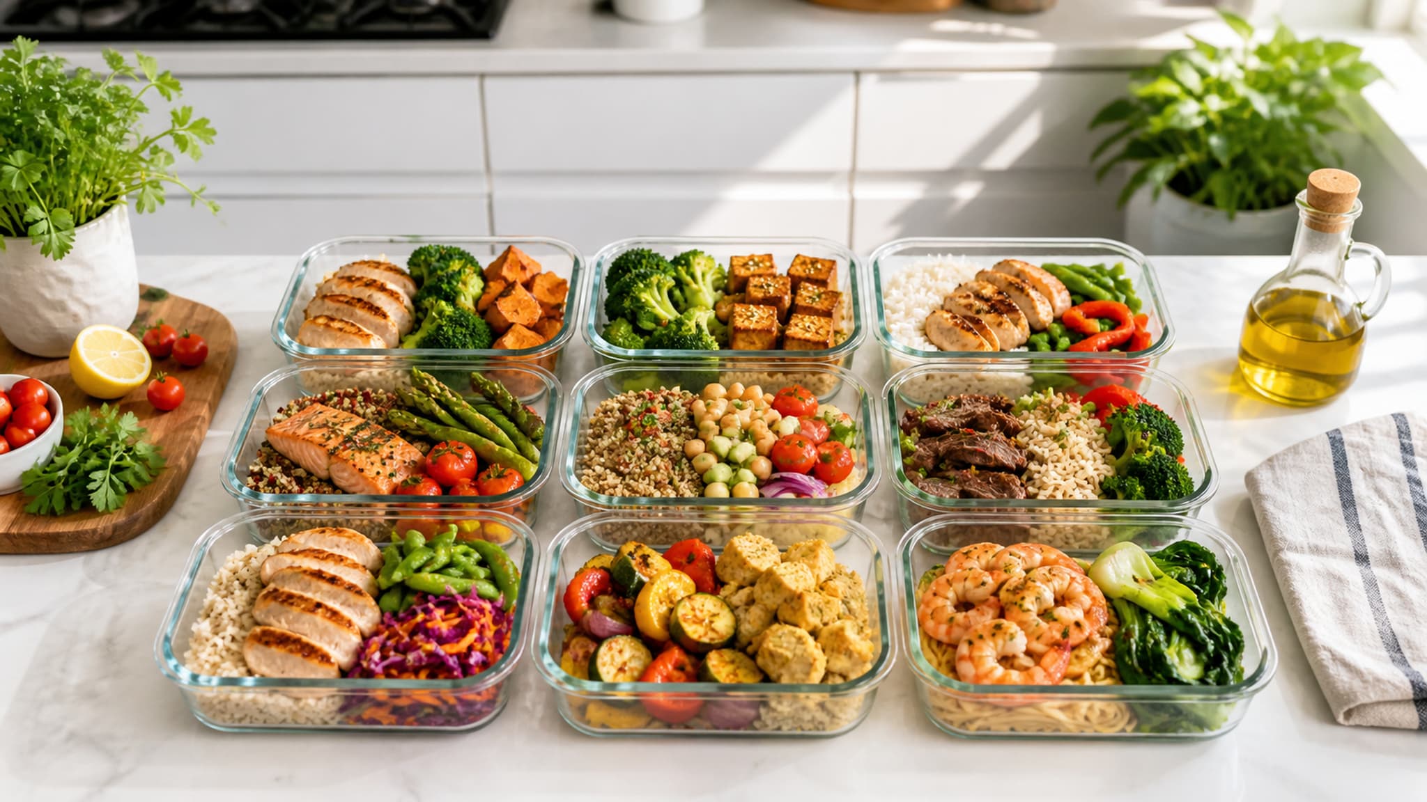 A clean organised kitchen counter with neatly arranged meal prep containers filled with colourful balanced meals featuring protein, grains, and vegetables
