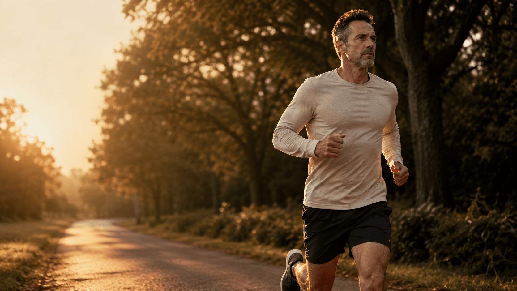 A lean, silver-haired man past 40 running steadily down a tree-lined country road at golden hour — embodying the central message of this article that cardiovascular health is built by years of consistent training, lower resting heart rate and lower blood pressure, not by reacting to the first symptom