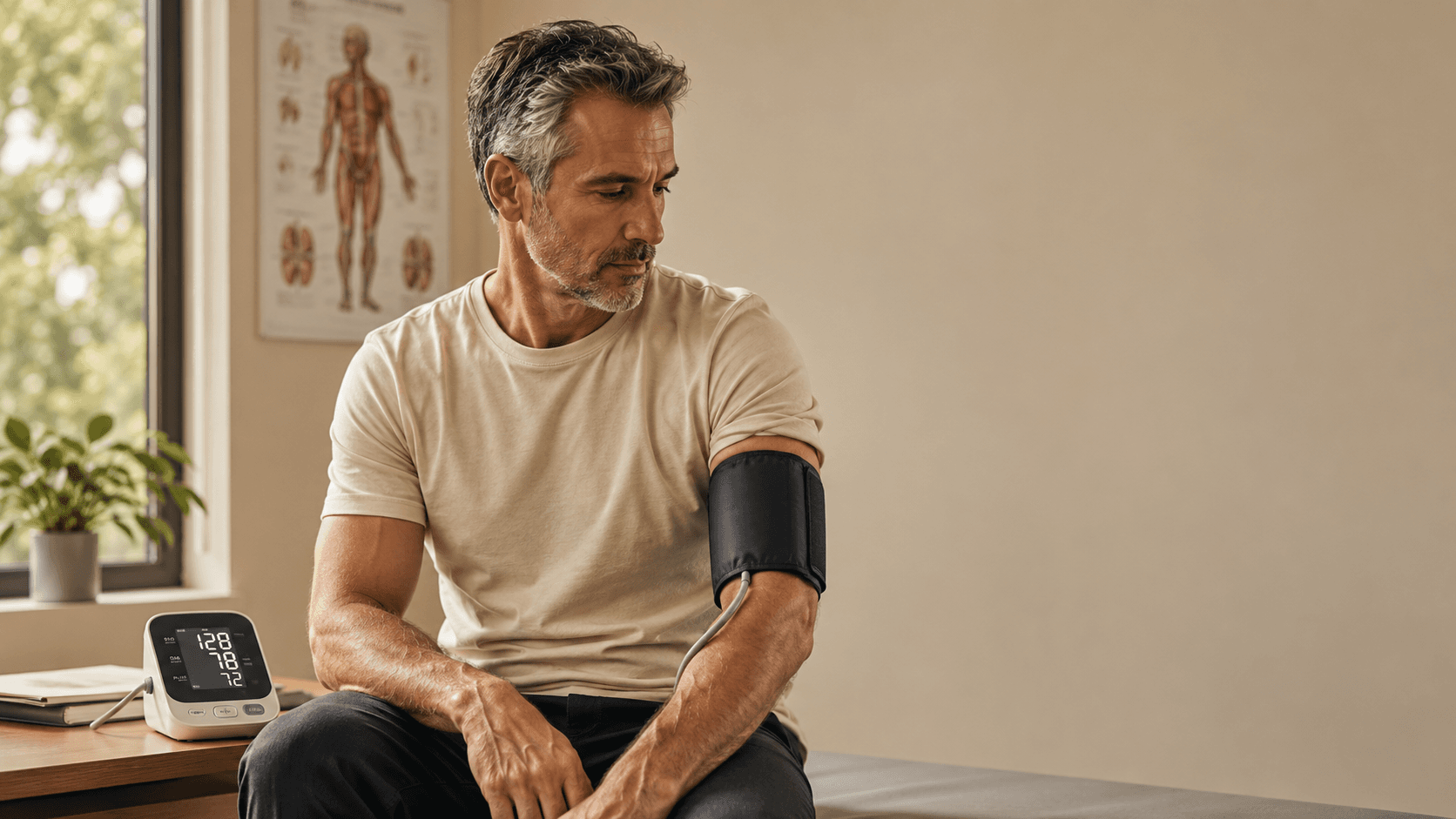 A silver-haired man past 40 sitting calmly at home with a home blood pressure cuff fitted to his upper arm and a digital monitor on the side table, an anatomy poster on the wall behind him — capturing the routine, low-friction self-check that catches developing hypertension years before it produces a single symptom