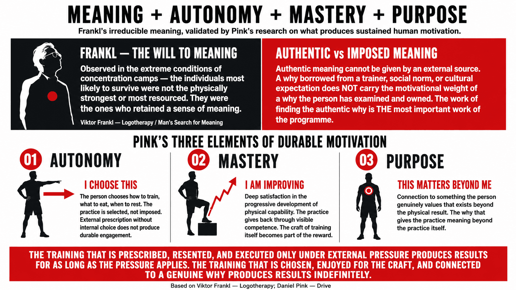 Viktor Frankl's logotherapy concept illustrated: purpose as the irreducible motivational force that sustains behaviour through difficulty