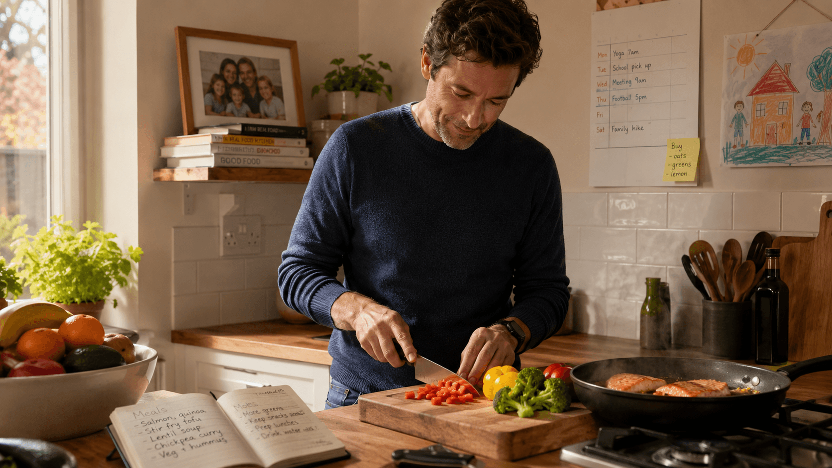 A warm domestic kitchen scene illustrating that the right diet is the one that fits your values, preferences, and medical needs