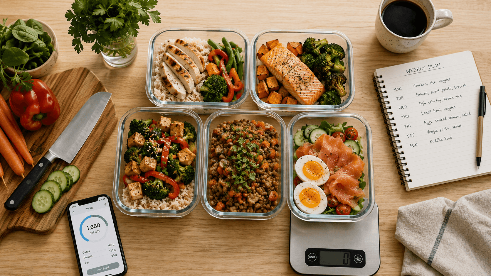 A bright, clean overhead shot illustrating practical tips for building a sustainable dietary approach that lasts