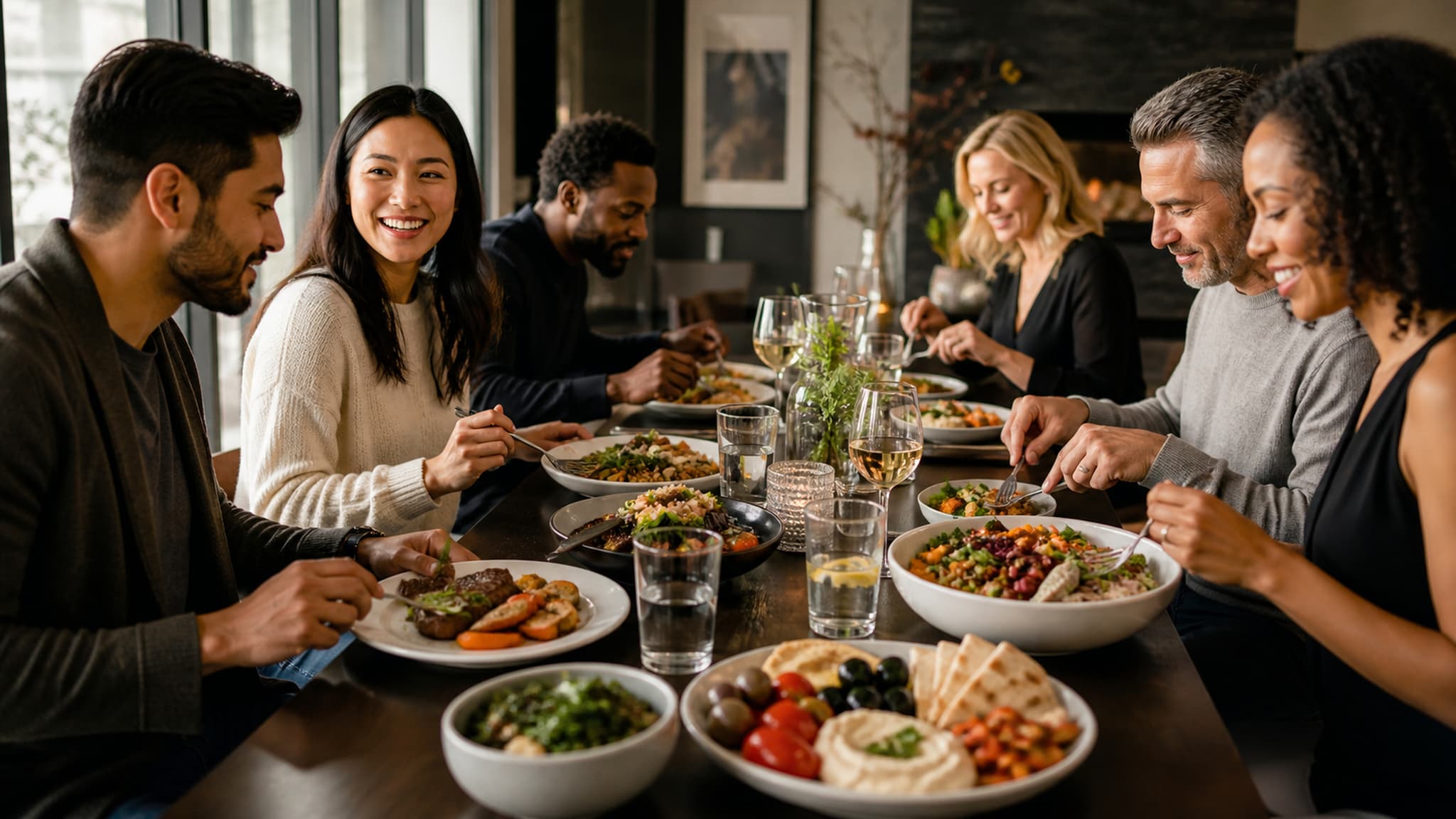 A diverse group of people sitting together at a long table, each eating a different style of meal — conveying that there is no single way to eat well