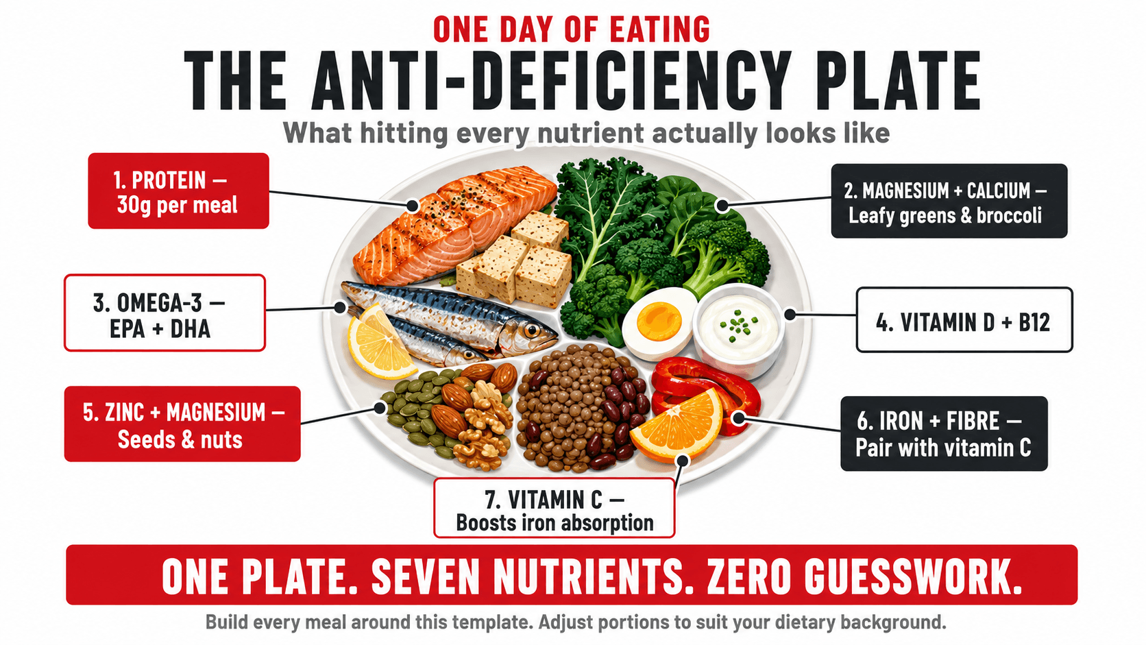 Infographic titled 'The Anti-Deficiency Plate — one day of eating — what hitting every nutrient actually looks like', a single plate annotated with seven callouts: 1. Protein 30g per meal, 2. Magnesium + Calcium from leafy greens and broccoli, 3. Omega-3 EPA and DHA from oily fish, 4. Vitamin D + B12 from eggs and dairy, 5. Zinc + Magnesium from seeds and nuts, 6. Iron + Fibre from legumes paired with vitamin C, and 7. Vitamin C from peppers and citrus to boost iron absorption, with the closing line 'One plate. Seven nutrients. Zero guesswork.'