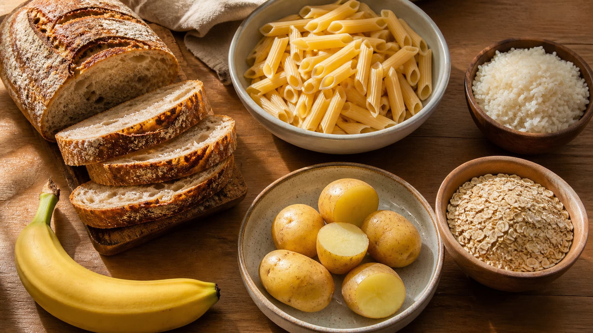 Assortment of carbohydrate-rich whole foods including bread, pasta, and grains dispelling the myth that carbs cause fat gain