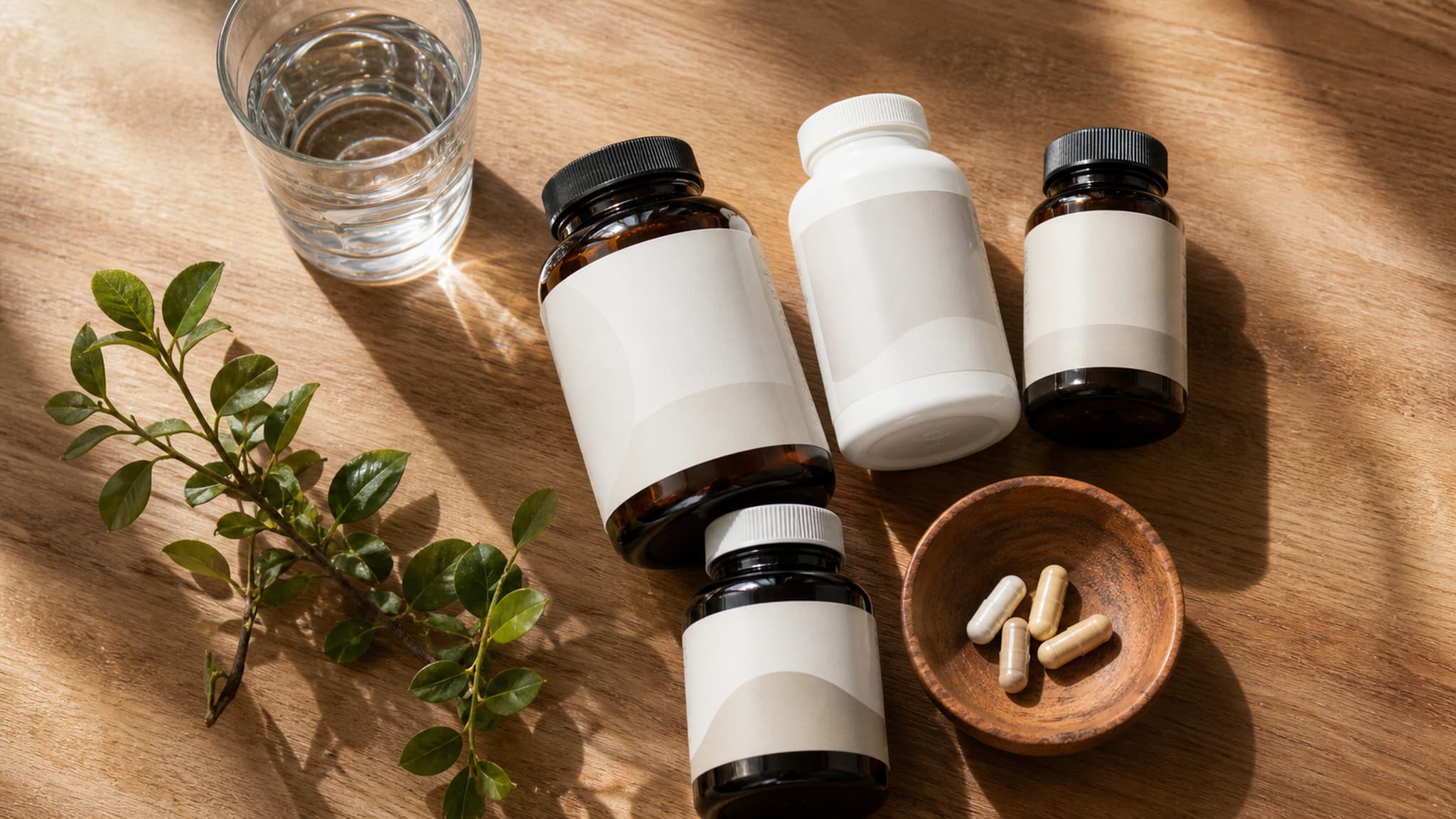Supplement bottles and capsules representing the limited evidence for most fat loss supplements beyond caffeine, creatine, and protein powder