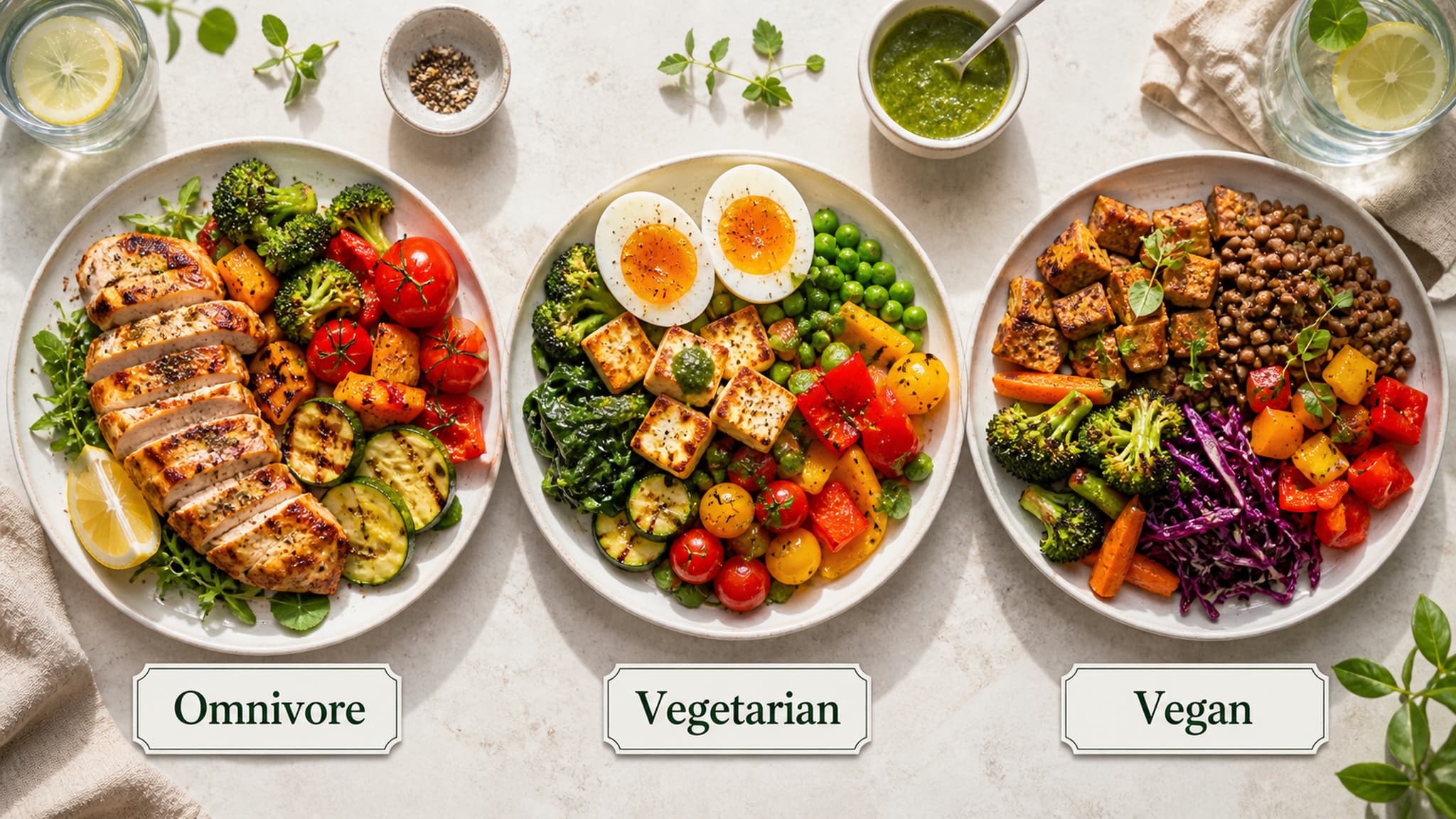 High-protein meals showing options across different dietary preferences — omnivore, vegetarian, and vegan sources all meeting the same protein targets