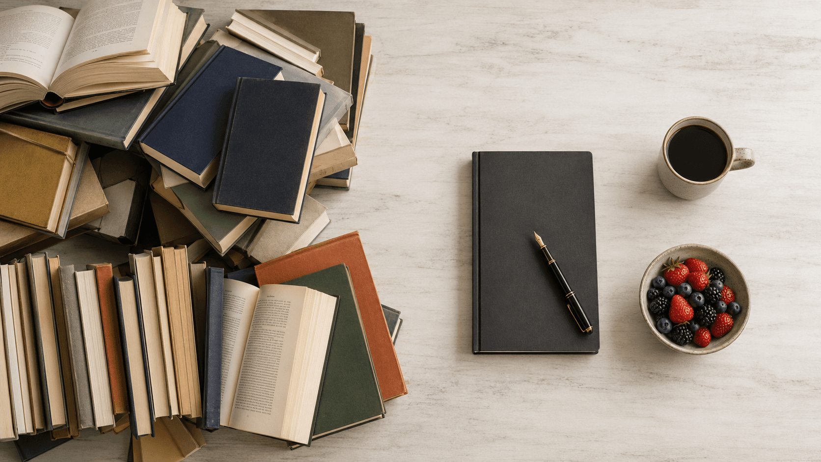 A chaotic pile of diet books and programmes on the left contrasted with a single closed notebook, fountain pen, cup of coffee, and bowl of berries on the right