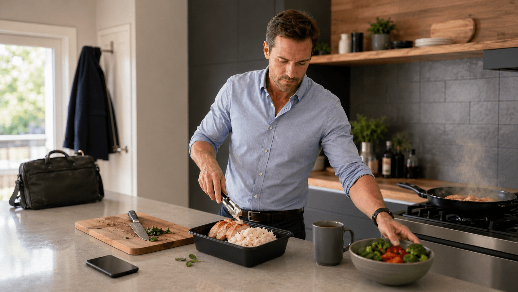 A busy professional in a shirt slicing chicken into a meal prep container of rice and vegetables in his kitchen, with a work bag by the door, showing fat loss nutrition that fits a real life