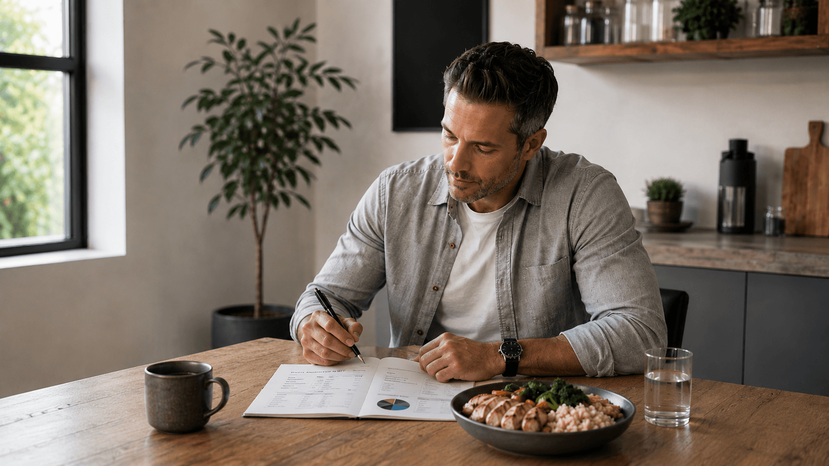 A man at a kitchen table reviewing a written nutrition plan in his notebook beside a simple meal of chicken, vegetables, and rice, illustrating coaching that adjusts within an individual's existing patterns