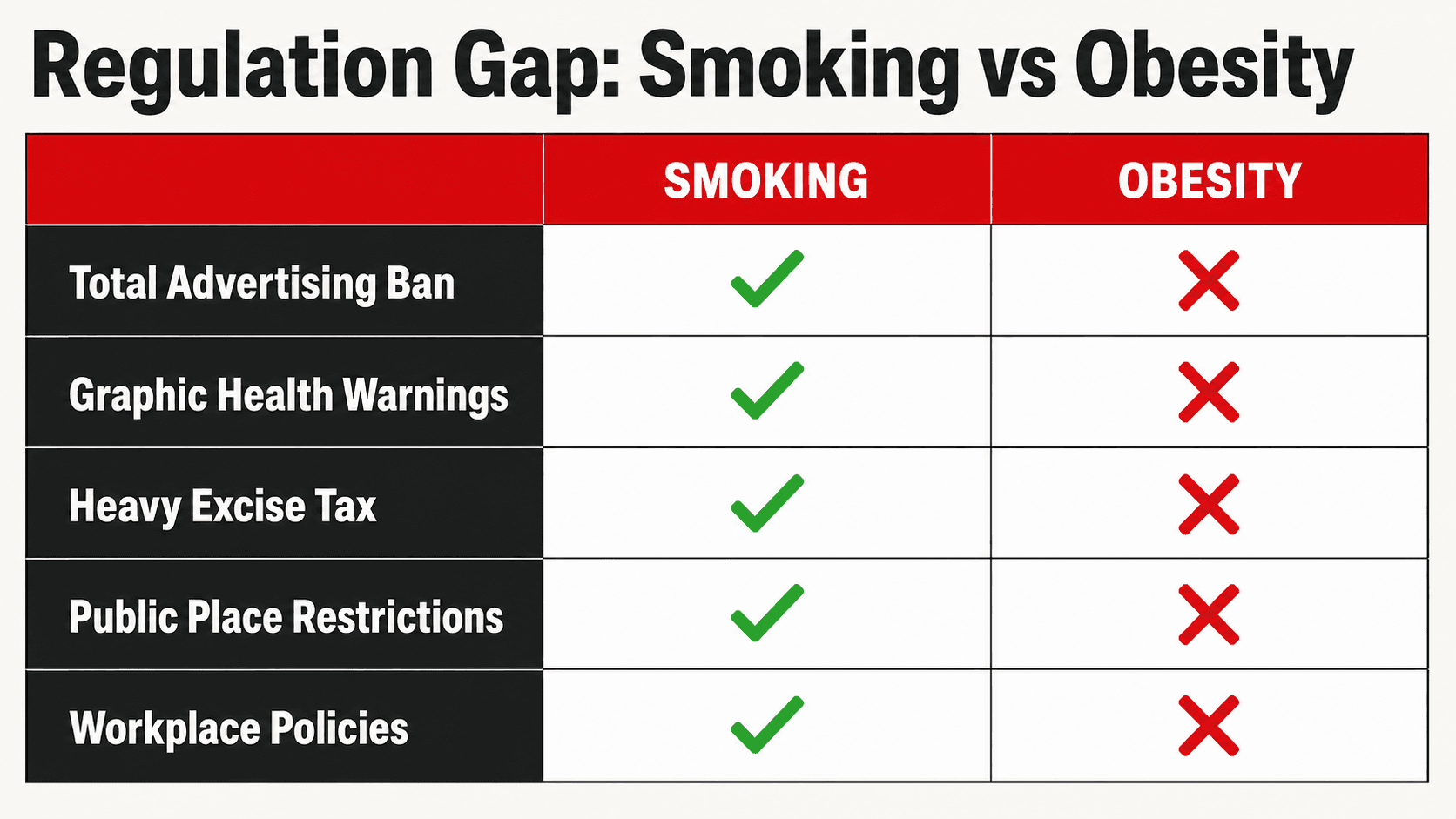 The stark contrast between comprehensive smoking regulation — advertising bans, health warnings, taxation — and the far weaker policy response to obesity in the UK