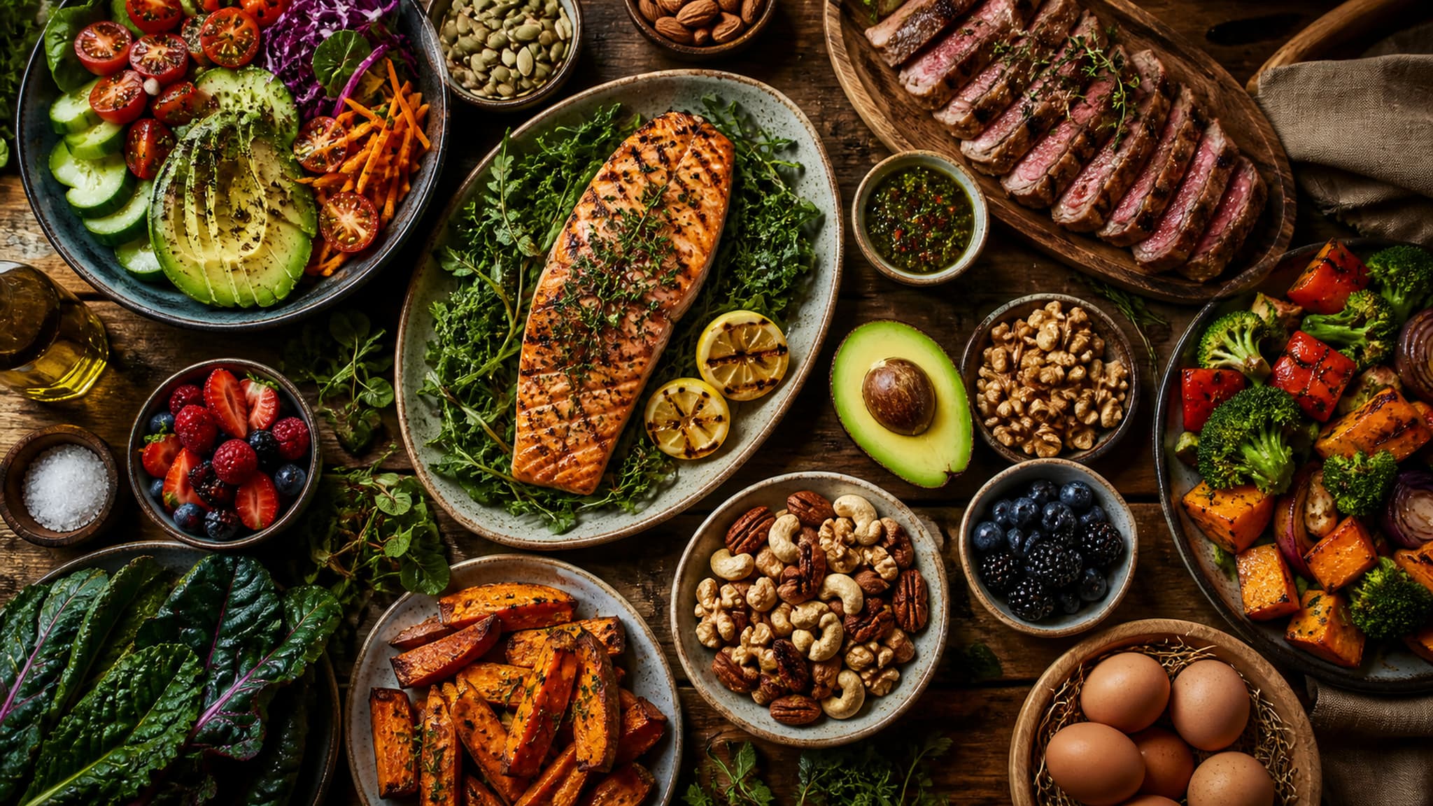 A rustic wooden table with a spread of paleo friendly whole foods including grilled meat, colourful vegetables, avocados, nuts, seeds, and berries