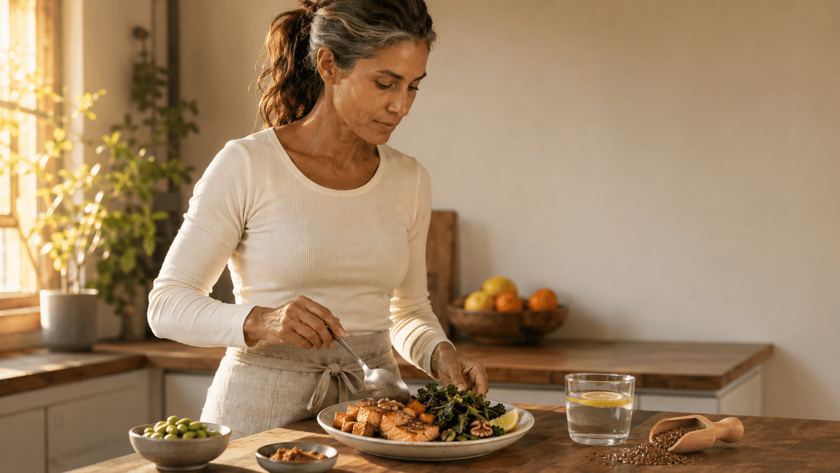 A perimenopause-friendly plate built around a substantial protein source with phytoestrogen-rich foods such as tofu, edamame and flaxseed alongside calcium and magnesium-rich greens, illustrating the article's nutritional priorities of higher protein, adequate calcium and vitamin D, and reduced refined carbohydrates