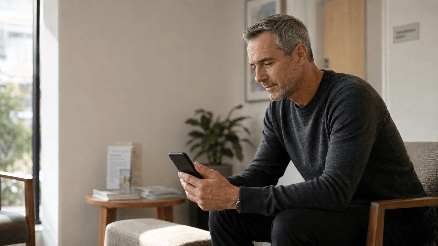 A silver-haired man past 40 sitting calmly on a couch looking at his smartphone with a quiet, considered expression — embodying the central message that prostate health begins with proactive engagement: booking the appointment, asking the questions and establishing a baseline before symptoms force the conversation