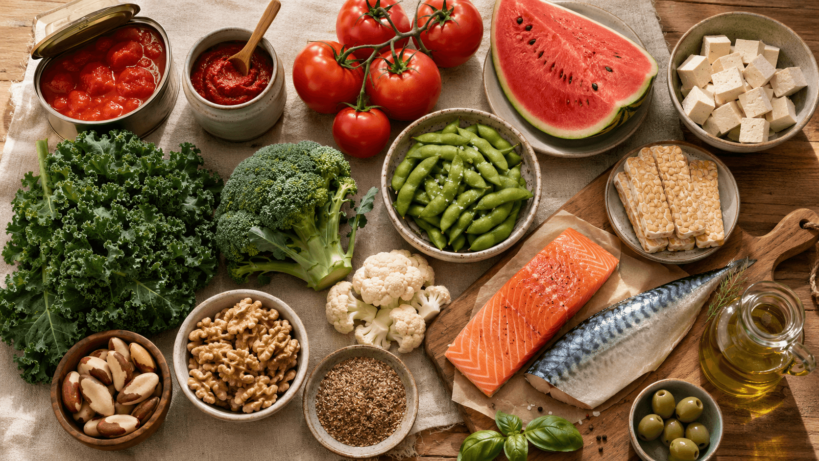 An overhead flat-lay of prostate-supportive whole foods on a linen cloth — tinned tomatoes and tomato paste, fresh tomatoes and watermelon, tofu and tempeh, edamame, kale, broccoli and cauliflower, Brazil nuts, walnuts and flaxseed, salmon and mackerel, olive oil, basil and olives — illustrating that the lycopene-, sulforaphane-, isoflavone-, selenium- and omega-3-rich nutritional pattern that supports prostate health is the same plant-forward, anti-inflammatory pattern that supports the rest of male health