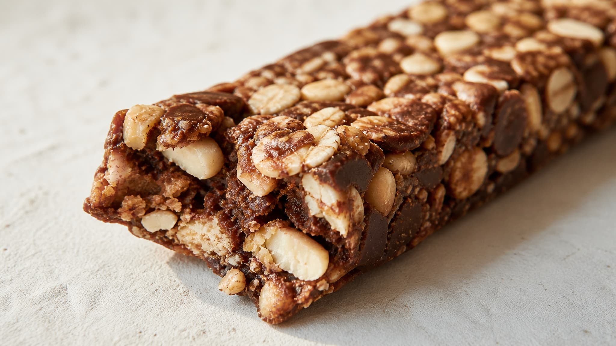 Close-up of a protein bar on a white surface highlighting its ingredients and texture