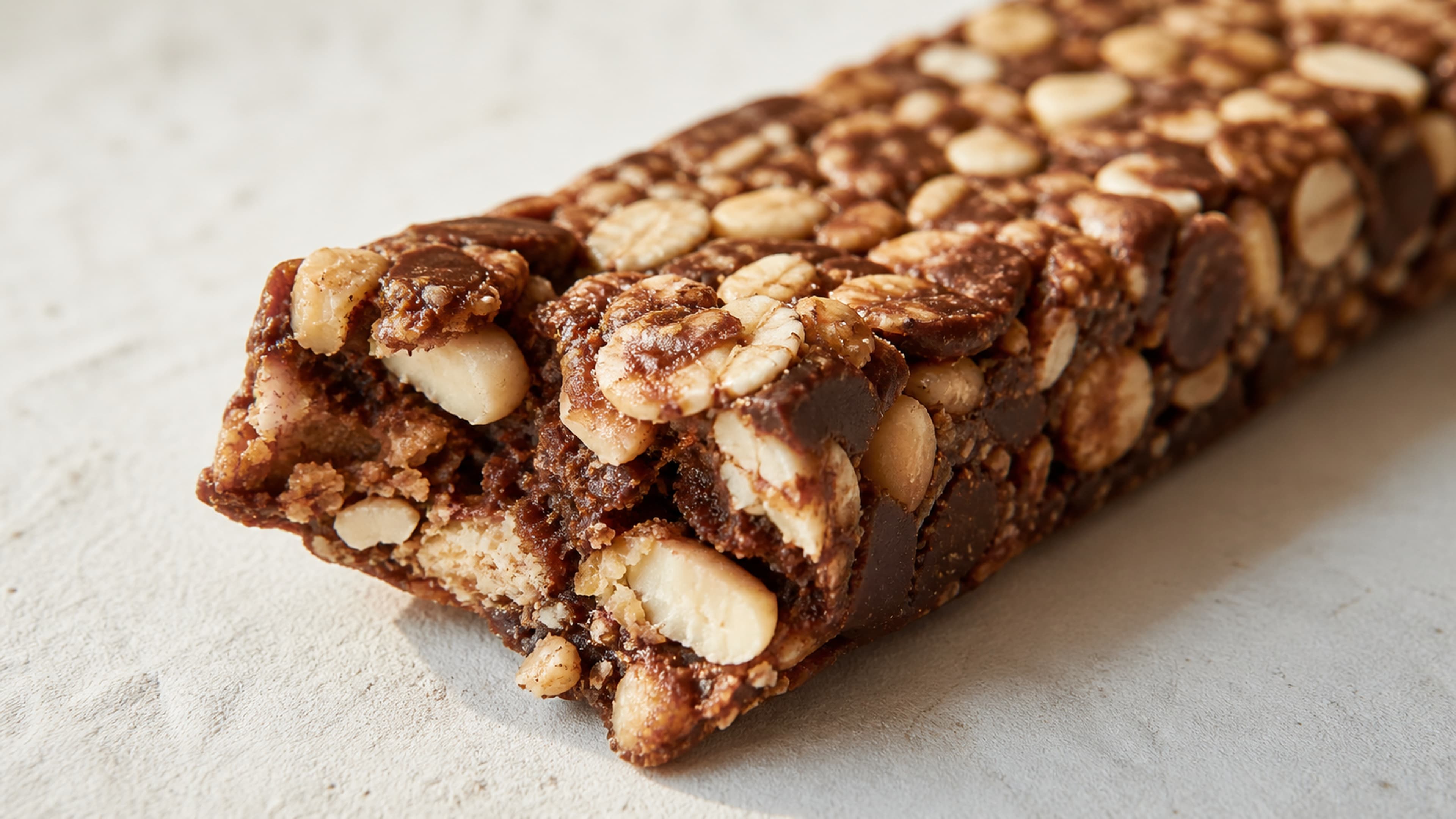 Close-up of a protein bar on a white surface highlighting its ingredients and texture