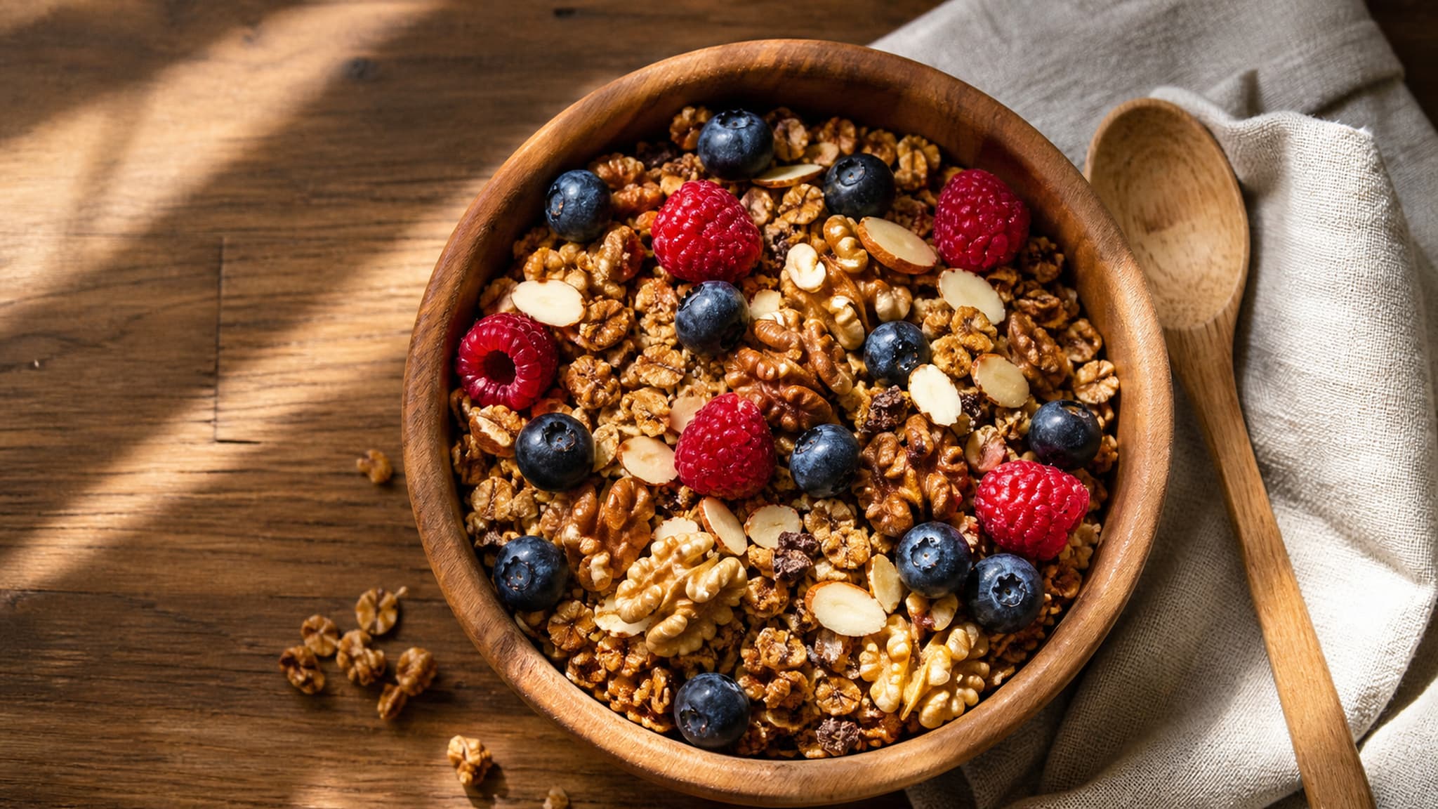 Bowl of healthy granola with berries and nuts as a whole-food alternative to processed protein bars