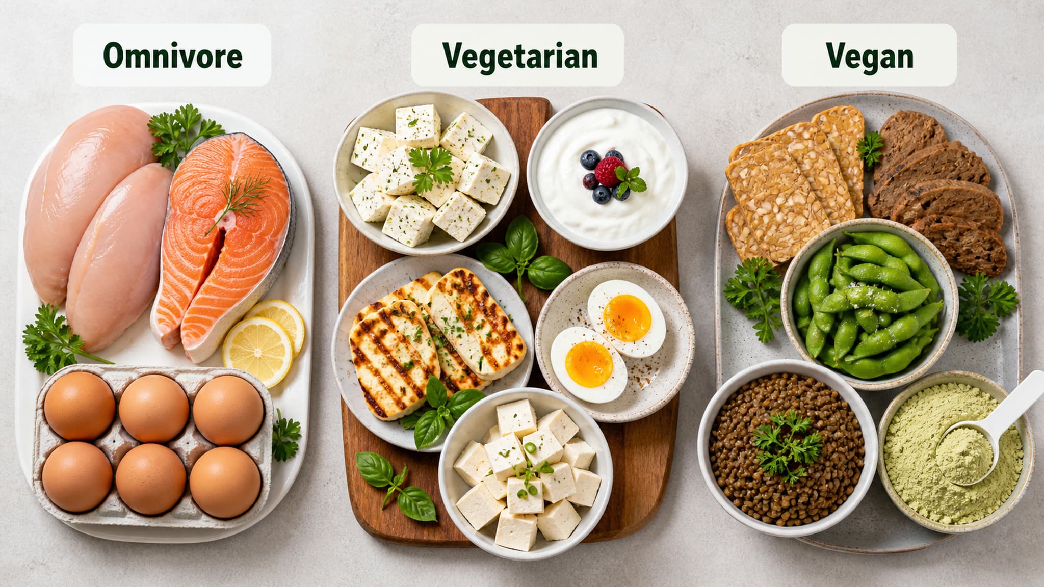 Protein sources for omnivore, vegetarian, and vegan diets arranged side by side — chicken, fish, and eggs alongside tofu, tempeh, seitan, lentils, and soy products