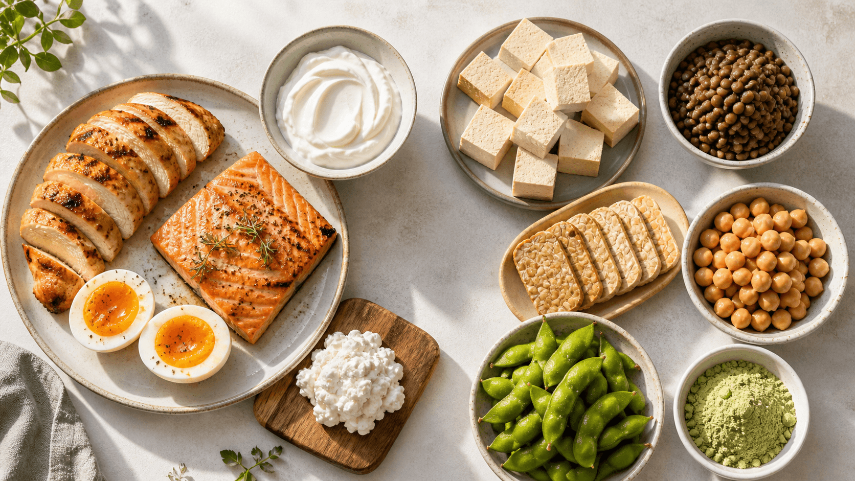 A vibrant flat lay of diverse high-protein foods including chicken, eggs, salmon, Greek yoghurt, tofu, tempeh, lentils, and chickpeas on a clean background