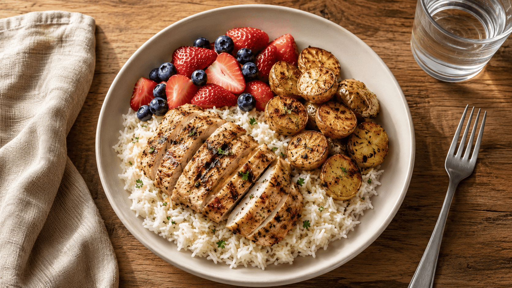 Beautifully plated high-carbohydrate meal with rice, potatoes, and fruit representing a structured refeed day
