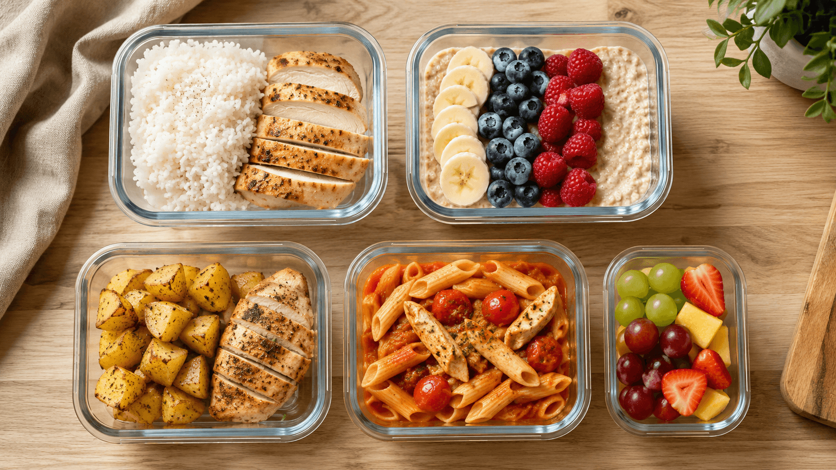 Meal prep containers showing a structured refeed day layout with rice, oats, potatoes, and lean protein