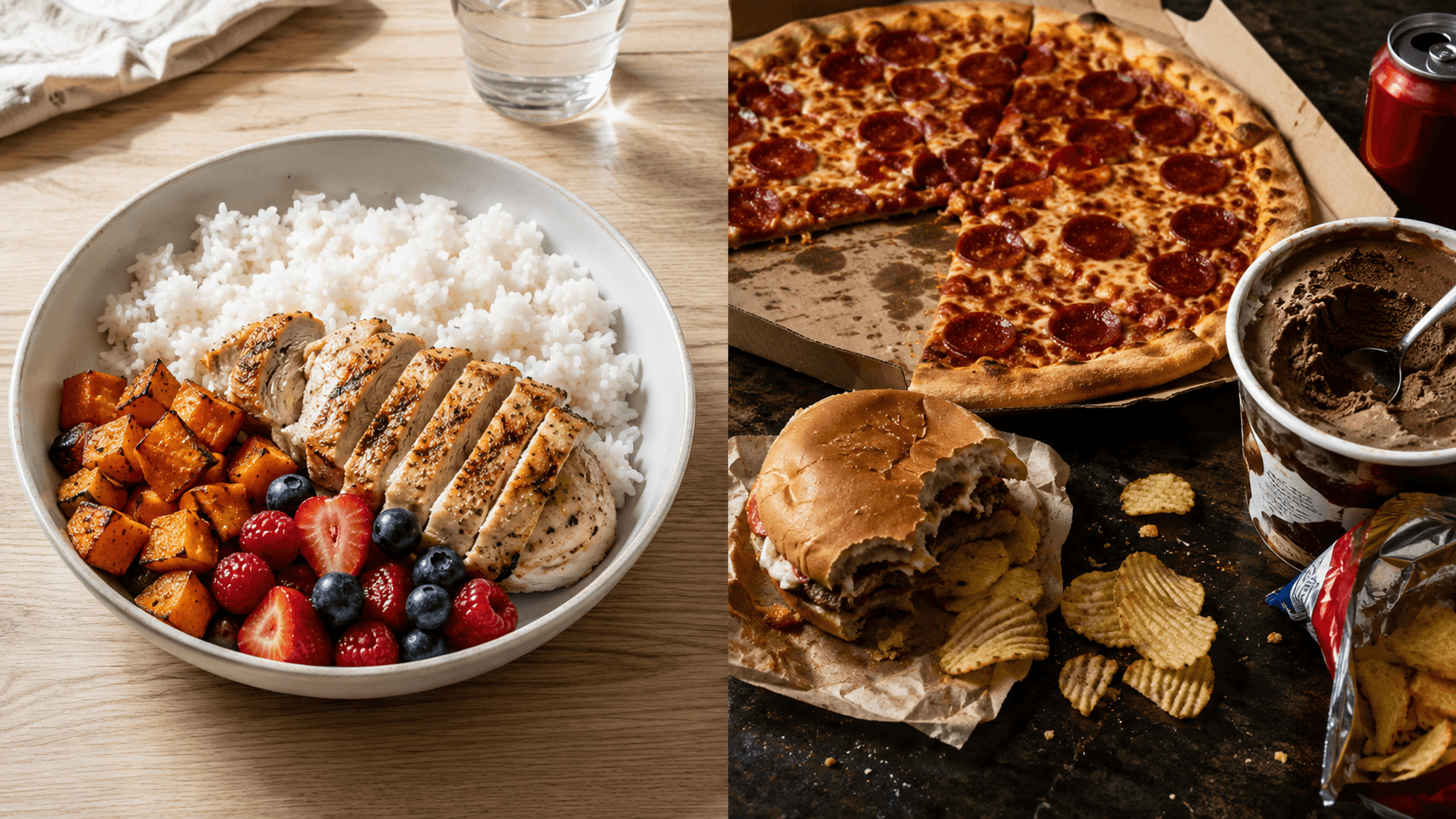 Split image comparing a structured refeed meal of rice, chicken, and fruit with an uncontrolled cheat meal of pizza, burgers, and ice cream