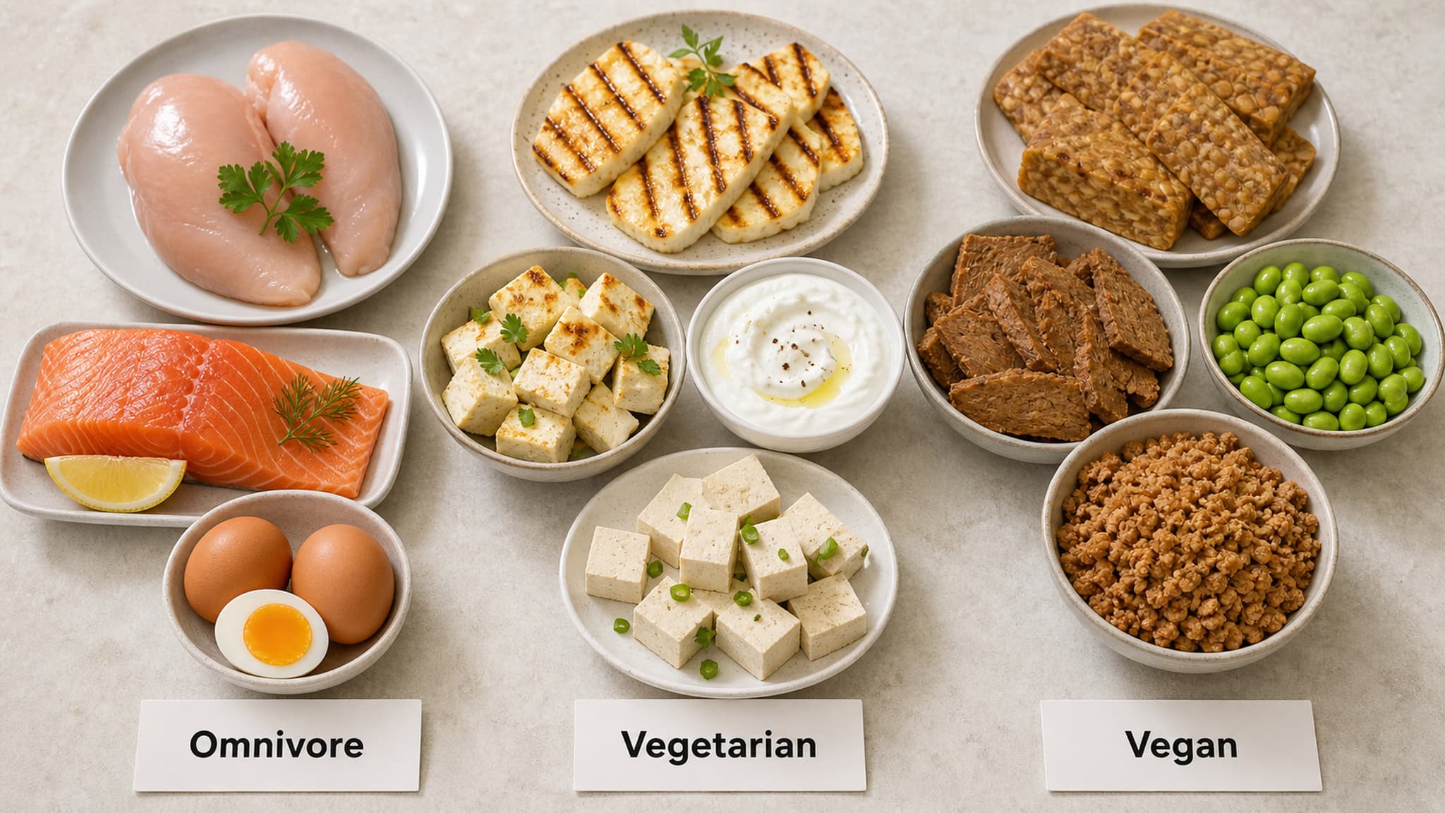 Diverse protein sources for different dietary preferences — chicken, salmon, and eggs alongside tofu, tempeh, lentils, and chickpeas — showing that high protein eating works for every dietary background