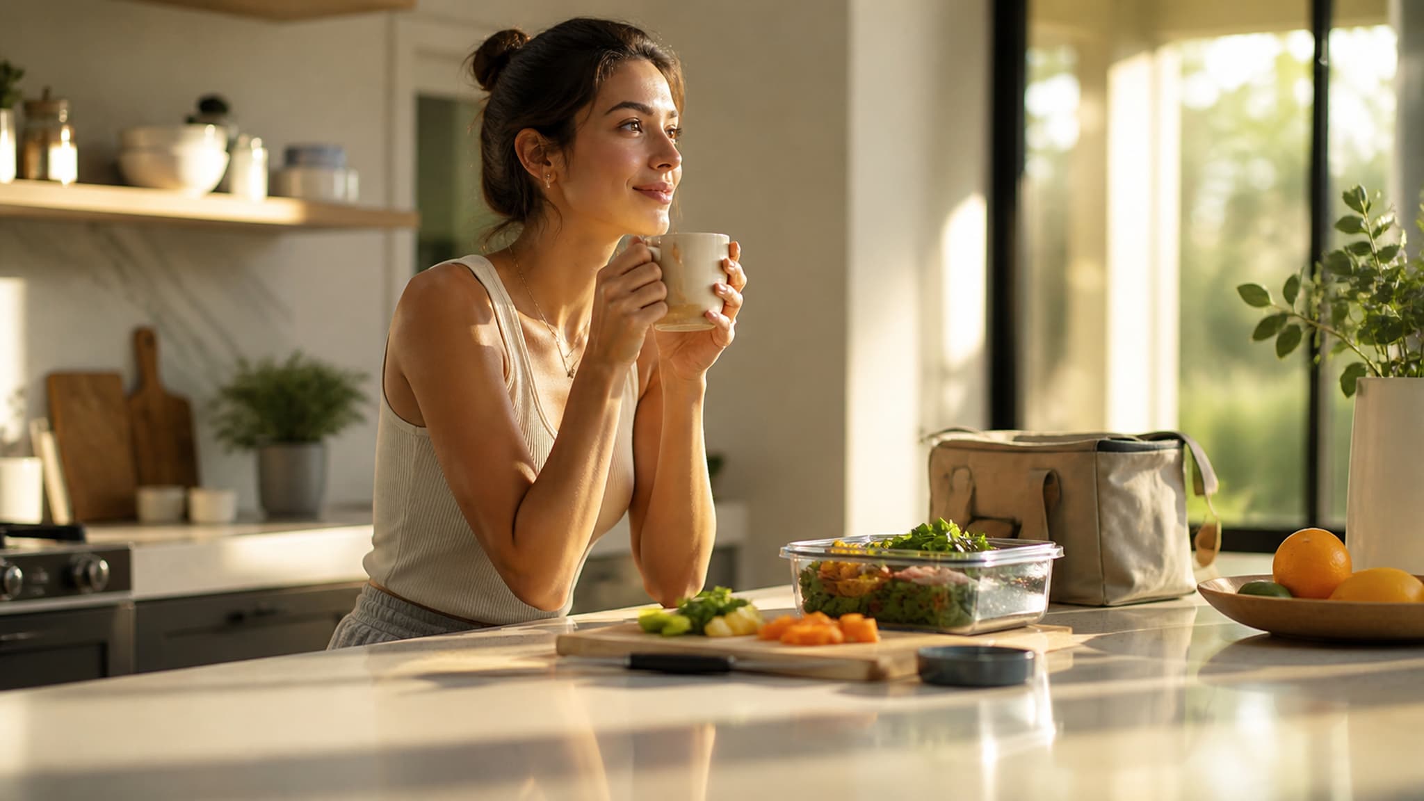 A person content with a morning coffee, choosing to delay their first meal — a valid strategy when hunger is genuinely absent and targets are still met