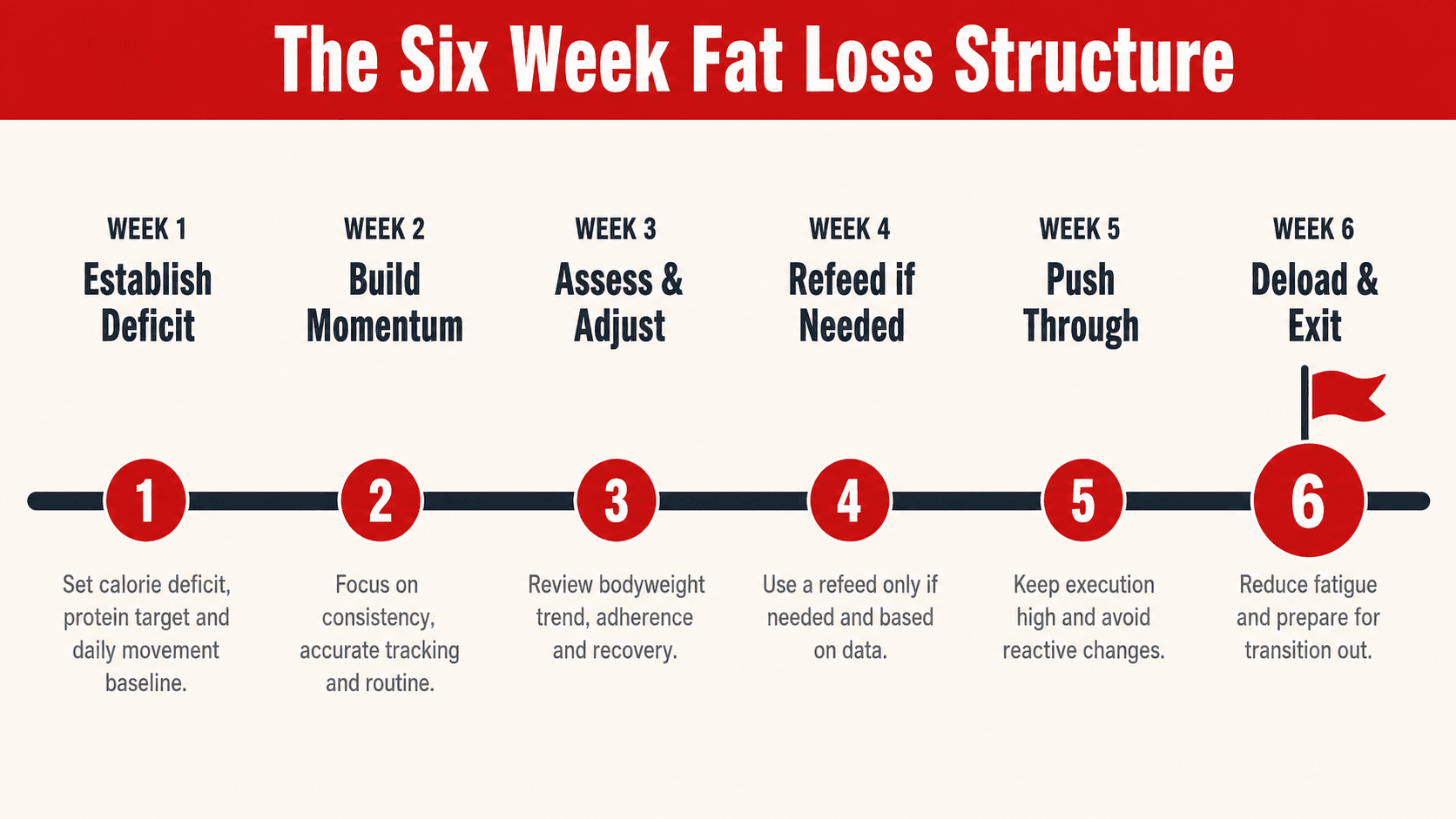 Infographic timeline of the six week fat loss structure showing each week's focus from establishing the deficit to deloading and exit
