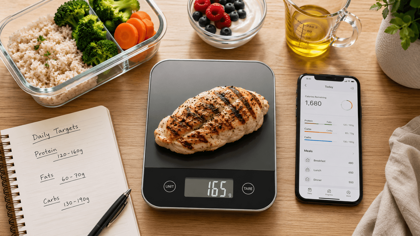A grilled chicken breast on a digital food scale beside meal prep containers, daily macro targets in a notebook, and a calorie tracking app showing the precision required to establish a fat loss deficit