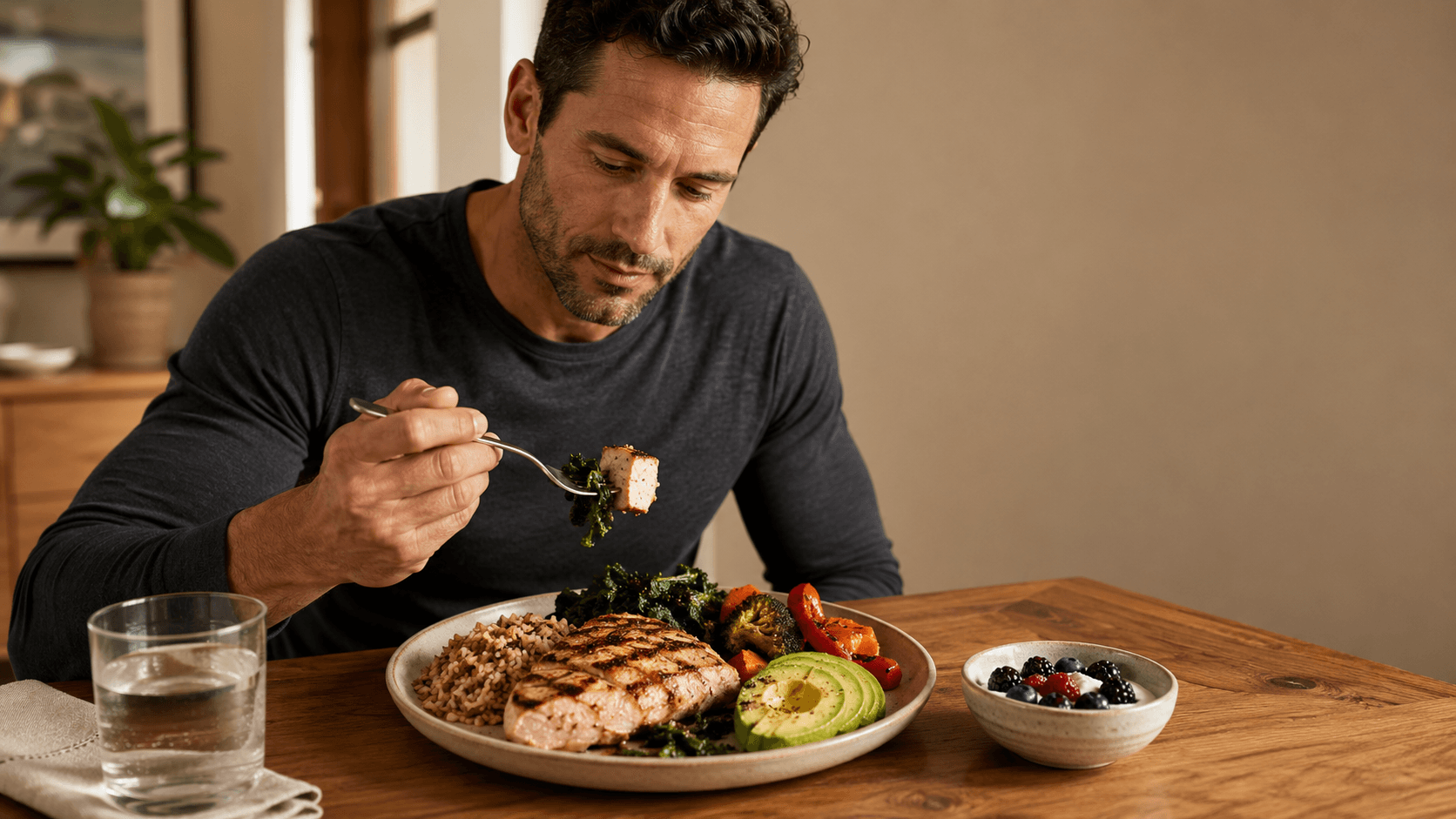 A man past 30 sitting at a warmly lit wooden table forking into a high-protein, recomposition-friendly plate — grilled fillet with kale, avocado, peppers and rice alongside a bowl of mixed berries and a glass of water — the kind of 30 to 40 gram protein meal that, repeated three to four times a day, drives the body composition change skinny fat men need