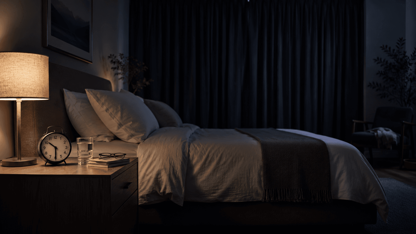 A clock showing bedtime with a calm, dark bedroom environment in the background