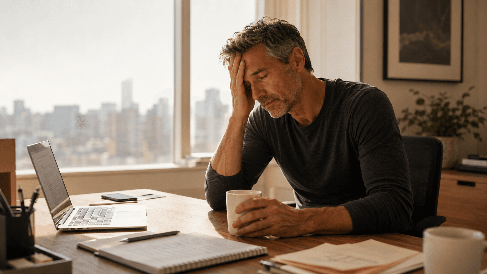 A silver-haired man past 40 sitting at a home desk in front of an open laptop, holding his head in one hand with a coffee mug in the other, city skyline through the window behind him — capturing the cumulative, systemic cost of chronic sleep restriction across testosterone, muscle, fat loss, hunger hormones, blood sugar, blood pressure, mood and immune function in men who appear to be coping but are quietly deteriorating
