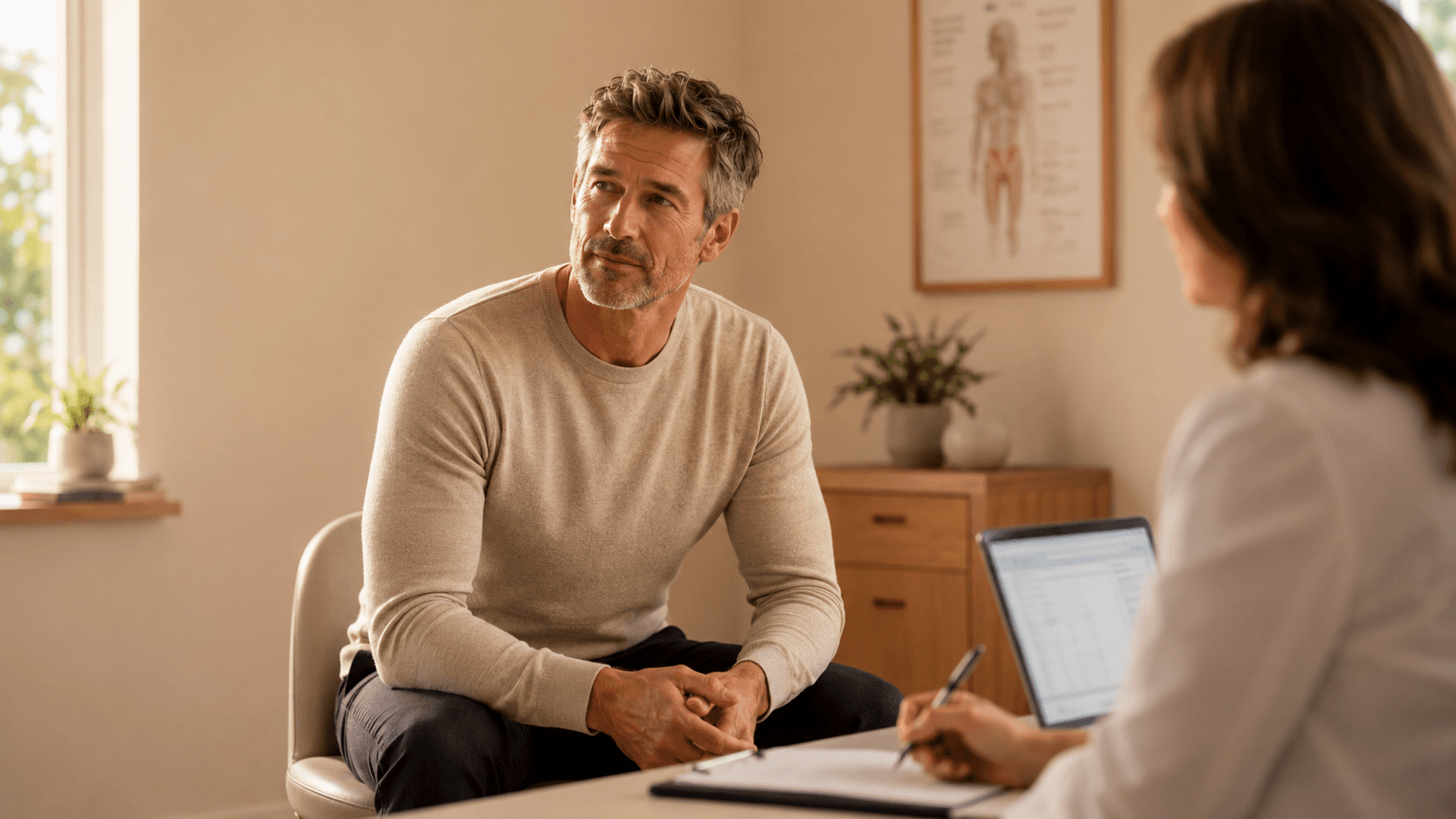 A silver-haired man past 40 sitting in a sunlit GP consulting room talking with a clinician across the desk, anatomy poster on the wall and an open laptop with notes — capturing the practical referral conversation about loud snoring, witnessed apnoeas and unrefreshing sleep that leads to a sleep study and, when positive, dramatic improvements in testosterone, energy and body composition from treating obstructive sleep apnoea