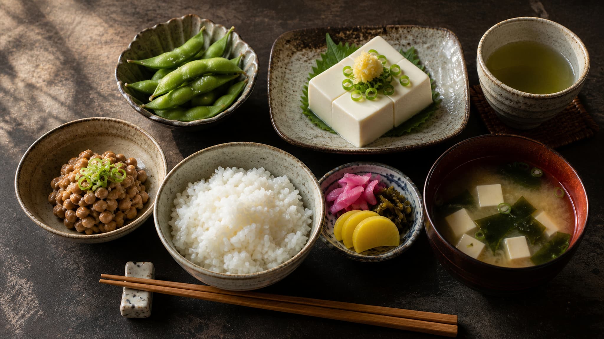 Traditional Japanese meal featuring miso soup, tofu, edamame, natto, rice, and pickled vegetables representing the cultural centrality of soy in one of the world's healthiest diets