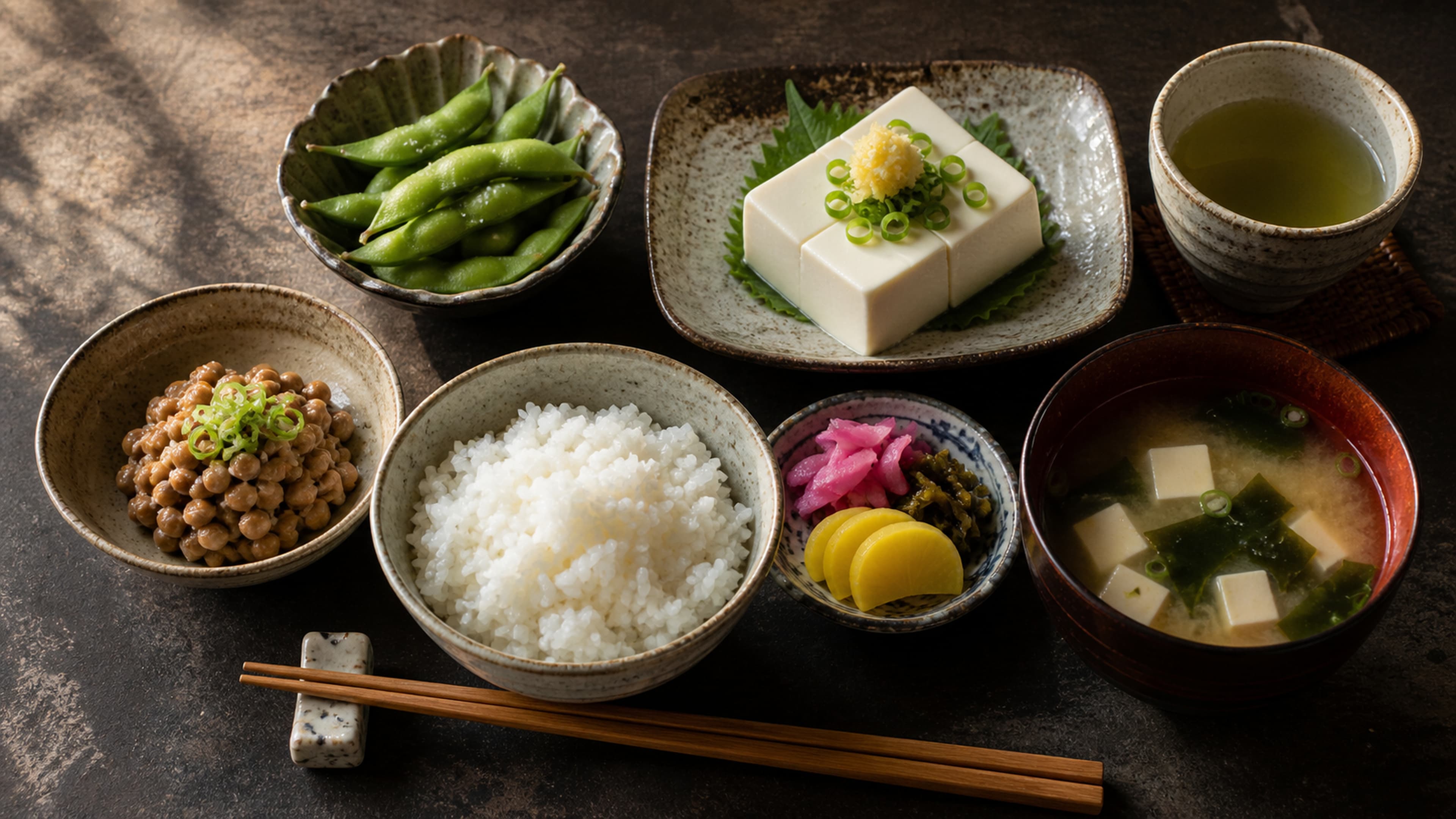 Traditional Japanese meal featuring miso soup, tofu, edamame, natto, rice, and pickled vegetables representing the cultural centrality of soy in one of the world's healthiest diets