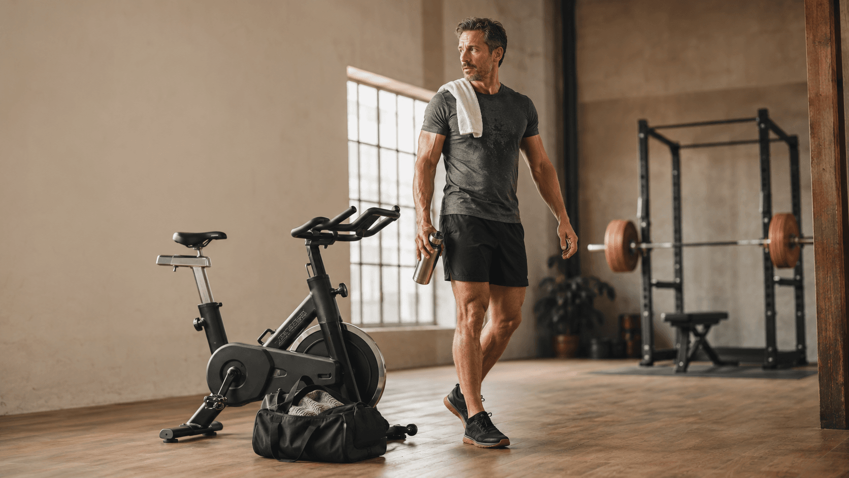 A man finishing a bike session and walking past the stationary bike towards a squat rack and barbell in the background, towel over his shoulder and a water bottle in hand — capturing the verdict of the table above: the bike is a useful tool used briefly and with purpose, never a replacement for the resistance training waiting on the other side of the gym
