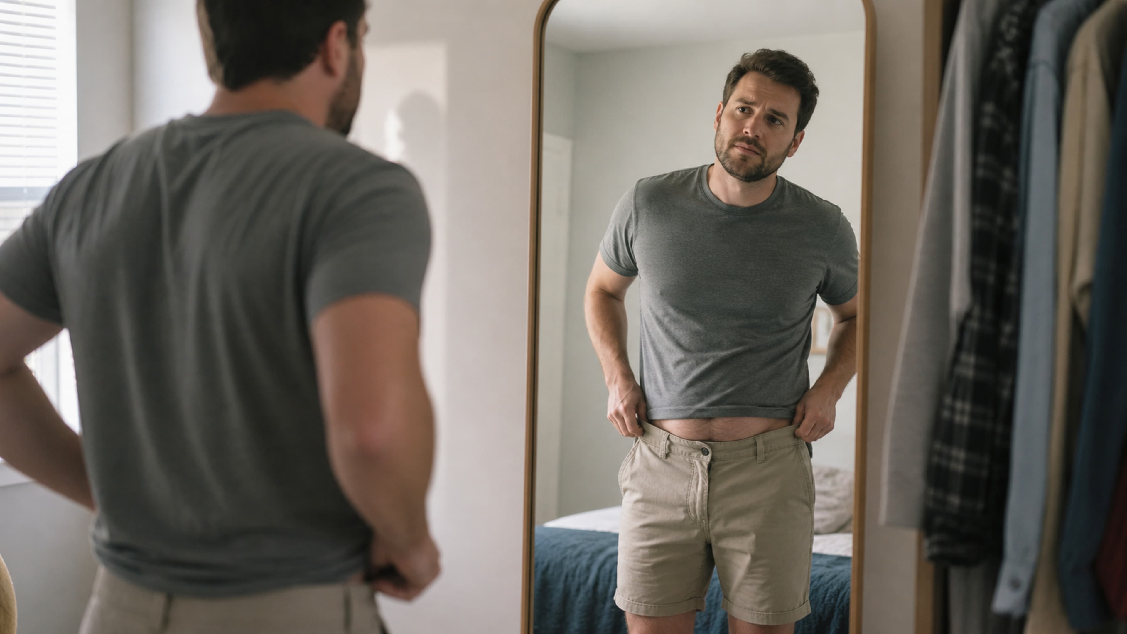 Person looking reflectively in a mirror, representing the moment of realising summer has undone months of progress